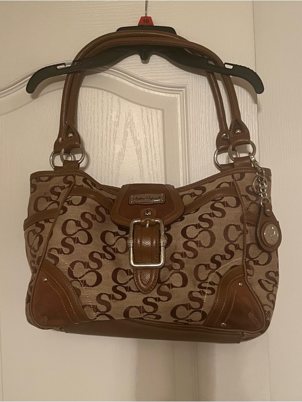 Sophia Caperelli Brown and Tan Monogram Shoulder Bag with Buckle